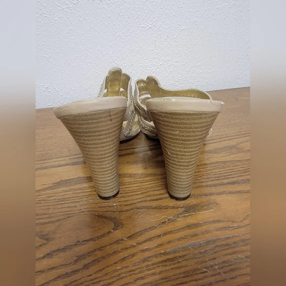 #9 Tan Slide-On Sandals with Block Heel & Gold Accents 10 - Picture 6 of 14